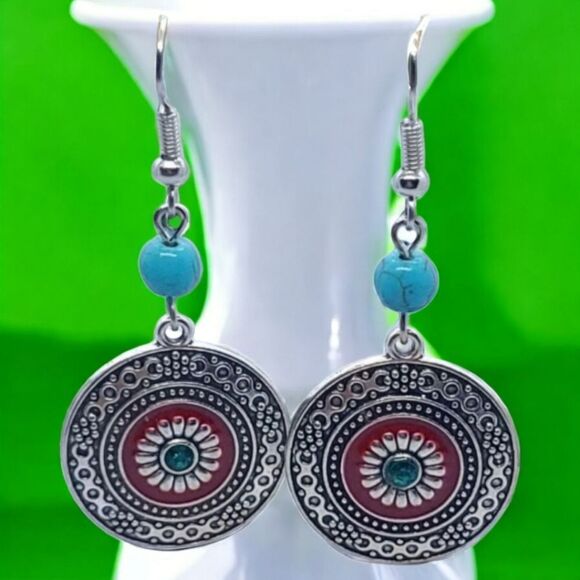 Boho Turquoise Beaded Round Mandala Dangle Drop Earrings Ethnic Tribal Jewelry - Picture 1 of 7